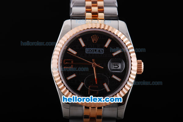 Rolex Datejust Automatic with Rose Gold Bezel and Black Dial-Small Calendar and Two Tone Strap - Click Image to Close